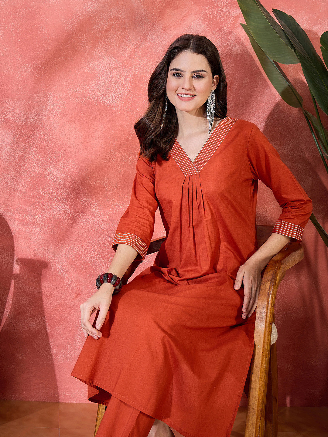 Pure Cotton V-Neck Kurta & Trousers