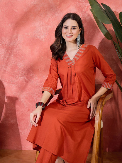 Pure Cotton V-Neck Kurta & Trousers