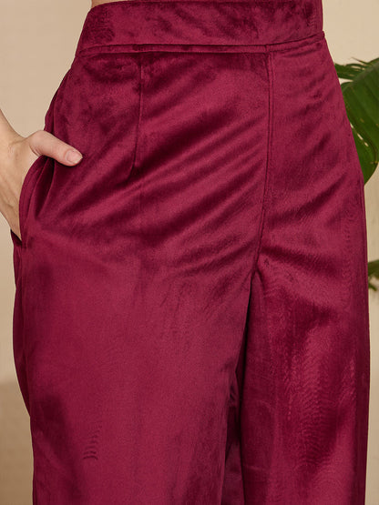 Embroidered Velvet Mandarin Collar Kurta With Trousers & Dupatta