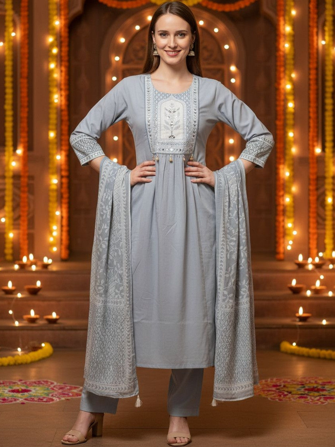 Women Ethnic Motifs Embroidered Empire Mirror Work Pure Cotton Kurta with Trousers & With Dupatta