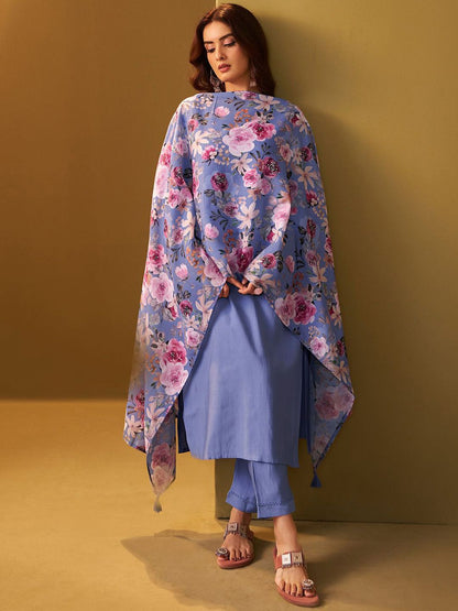 Floral Regular Thread Work Kurta With Trousers & Dupatta