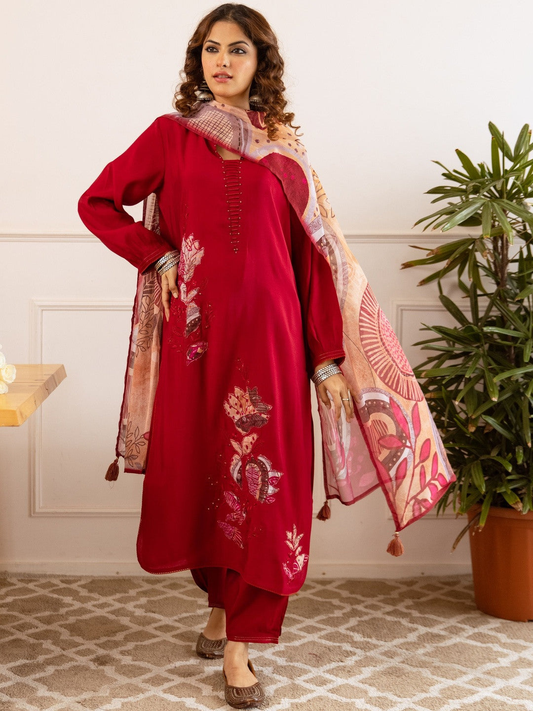 Embellished Straight Kurta With Trousers & Dupatta
