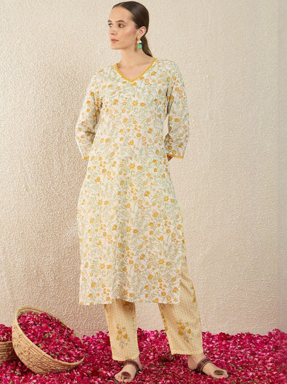 Floral Printed Pure Cotton Straight Kurta With Trousers & Dupatta