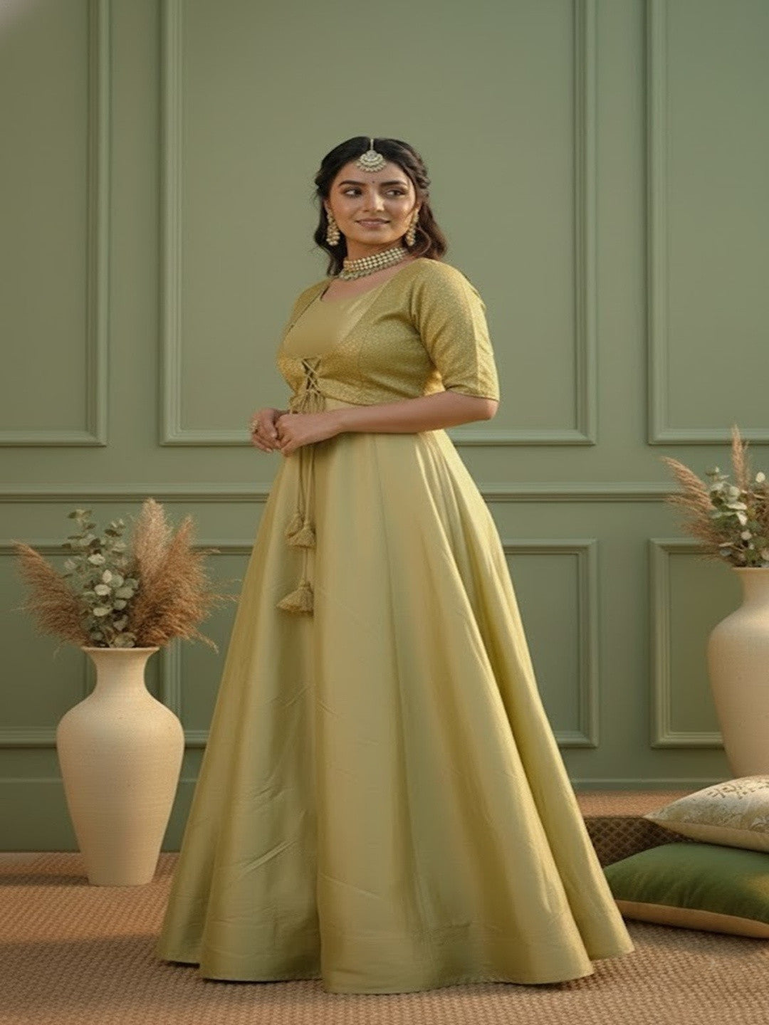 Solid Anarkali Maxi Ethnic Kurta with Trouser & Dupatta