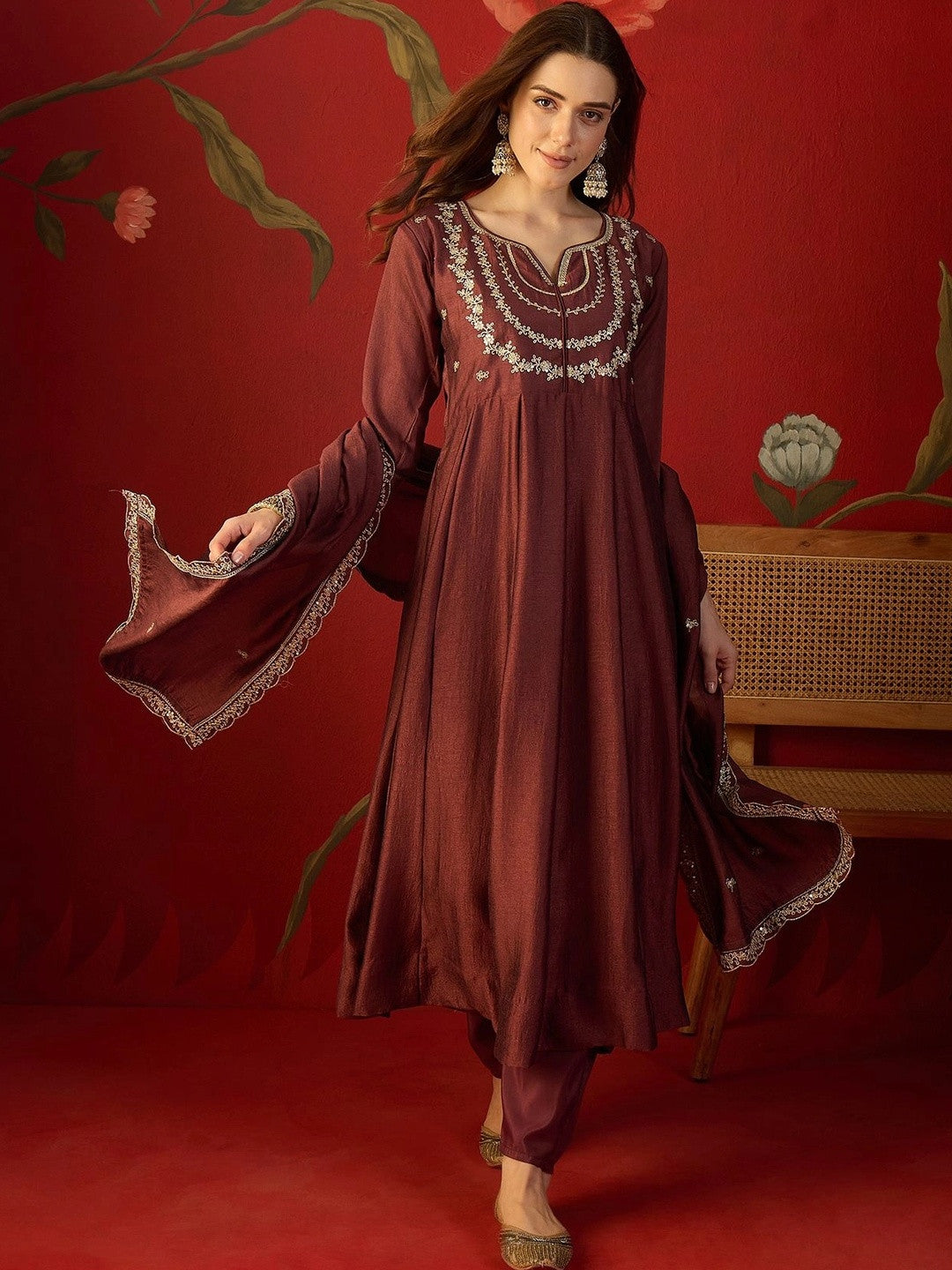 Women Ethnic Motifs Embroidered Regular Thread Work Kurta with Trousers & With Dupatta