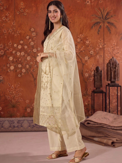 Embroidered V-Neck Kurta & Trousers With Dupatta