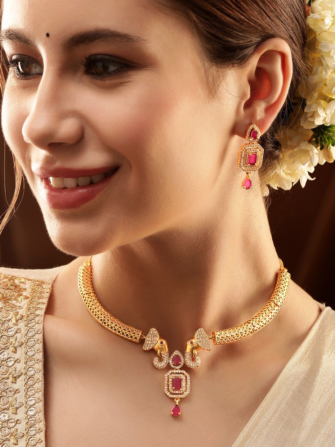 Dhiyona RJ Women's Premium 22K Gold Plated Ruby Pink & CZ Studded Elephant Design Choker Jewellery Set