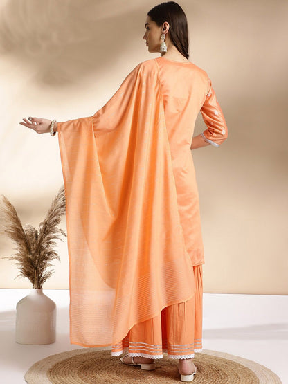 Dhiyona AN Ethnic Motifs Printed Round Neck Thread Work Straight Kurta with Sharara & Dupatta