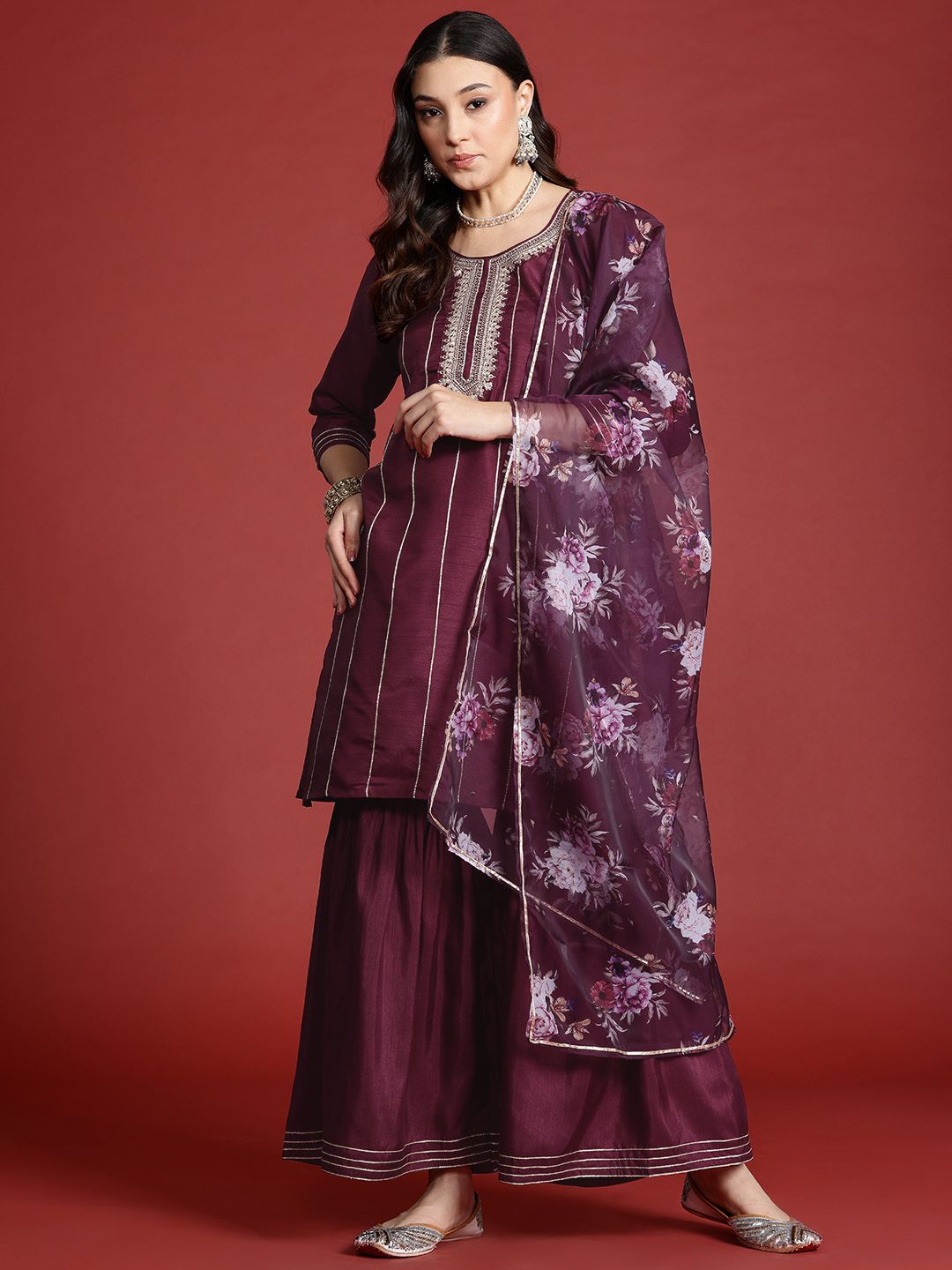 Dhiyona AN Women Embroidered Zari Kurta with Sharara & Dupatta