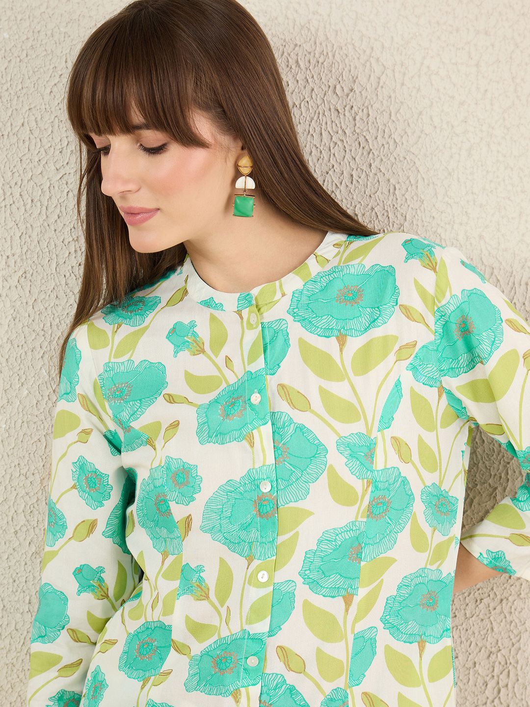 Dhiyona IE Floral Printed Mandarin Collar A-Line Kurta With Palazzos