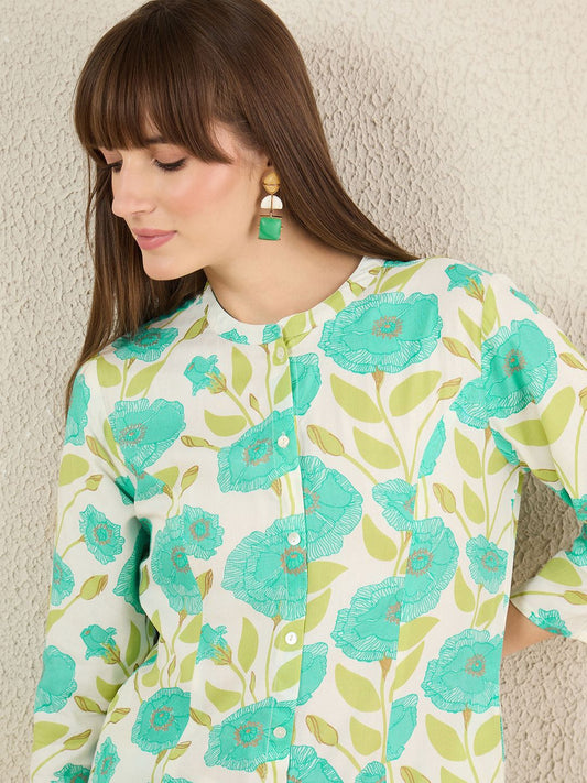Floral Printed Mandarin Collar A-Line Kurta With Palazzos