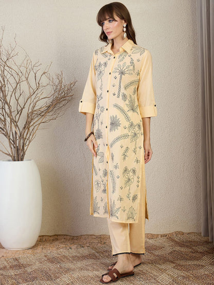 Floral Embroidered Shirt Collar Thread Work Pure Cotton Straight Kurta & Trouser