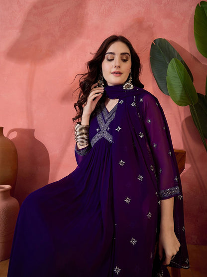 Dhiyona SN Women's Solid Floral Embroidered A-Line Pleated Empire Kurta & Trousers With Dupatta