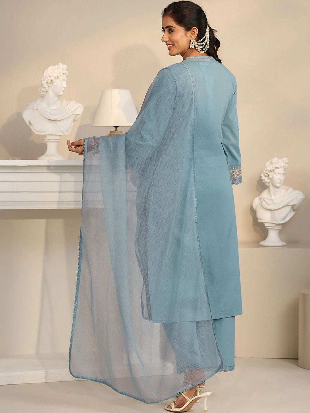 Cornflower Blue Floral Embroidered Cotton Straight Suit Set