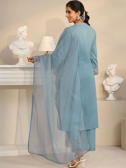 Cornflower Blue Floral Embroidered Cotton Straight Suit Set
