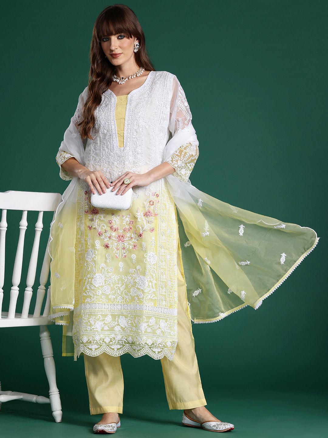 Dhiyona IE Floral Embroidered Sequinned Kurta With Trousers & Dupatta
