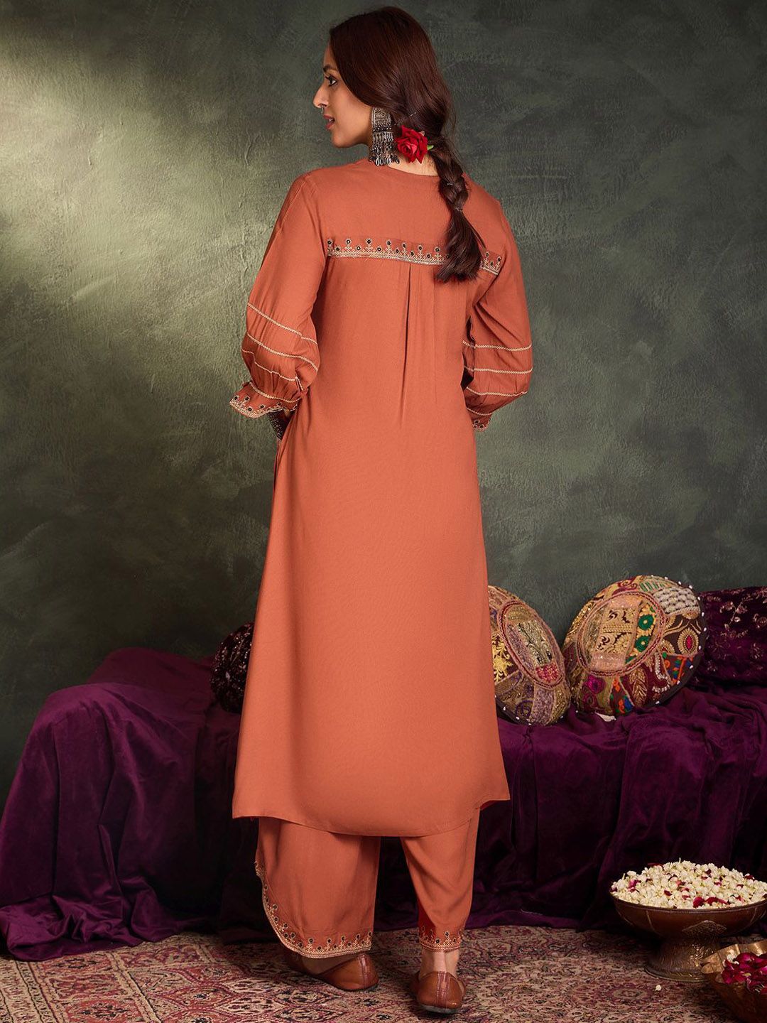 Floral Yoke Design V-Neck Thread Work A-Line Kurta With Palazzos