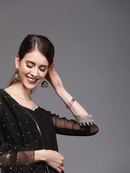 Dhiyona IN Women Black Georgette Kurti with Embroidered Sharara & Dupatta