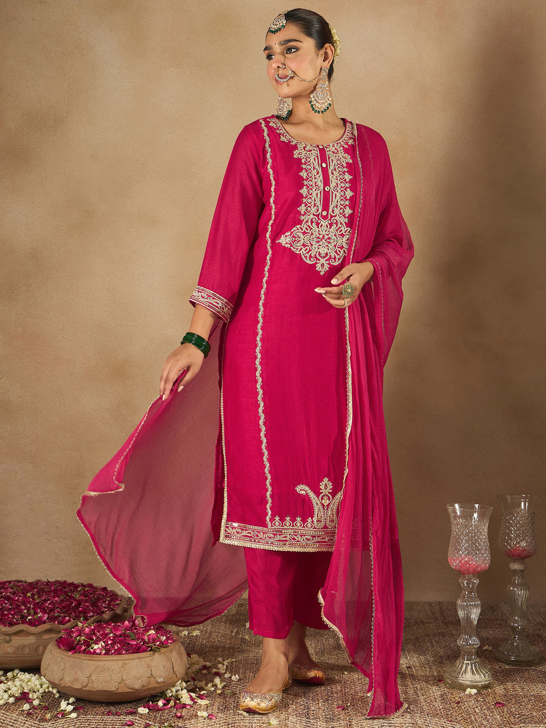 Women Embroidered Regular Kurta with Trousers & With Dupatta