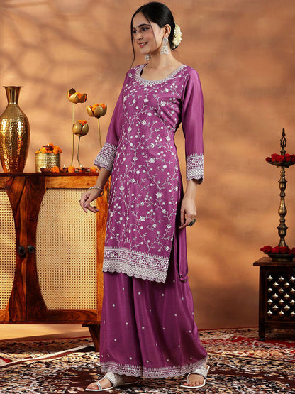 Women Solid Embroidered Regular Thread Work Kurta with Palazzos & With Dupatta