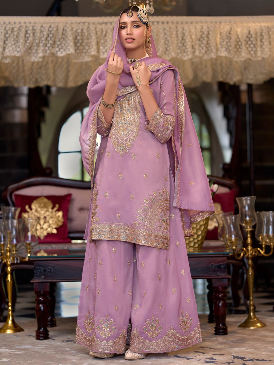 Dhiyona IE Ethnic Motifs Embroidered Sequinned Straight Kurta Palazzos With Dupatta
