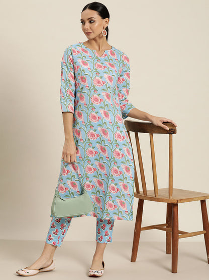 Women Blue & Pink Ethnic Motifs Printed Cotton Kurta with Trousers