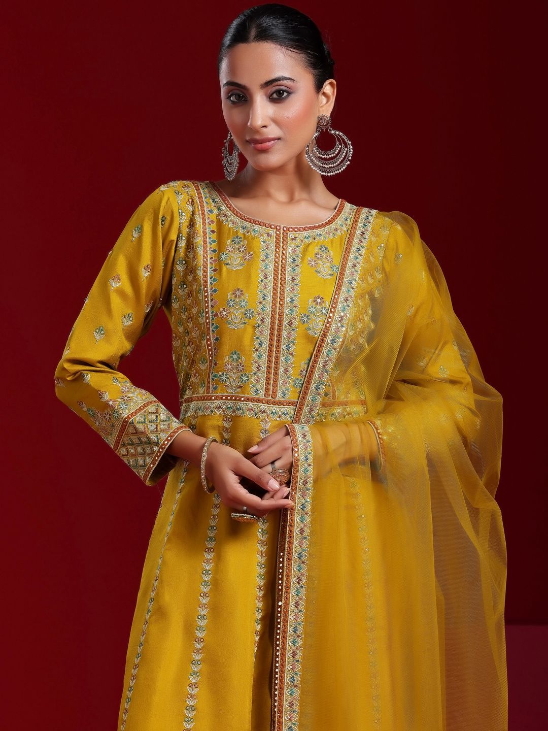Dhiyona LL Womens Mustard Embroidered Straight Kurta With Sharara & Dupatta