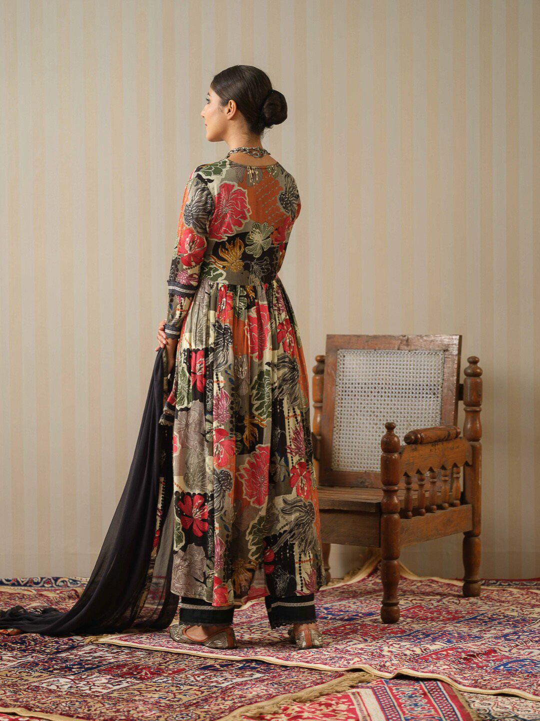 Dhiyona IS Women's Floral Printed Angrakha Sequinned Pure Silk Kurta with Trousers & Dupatta