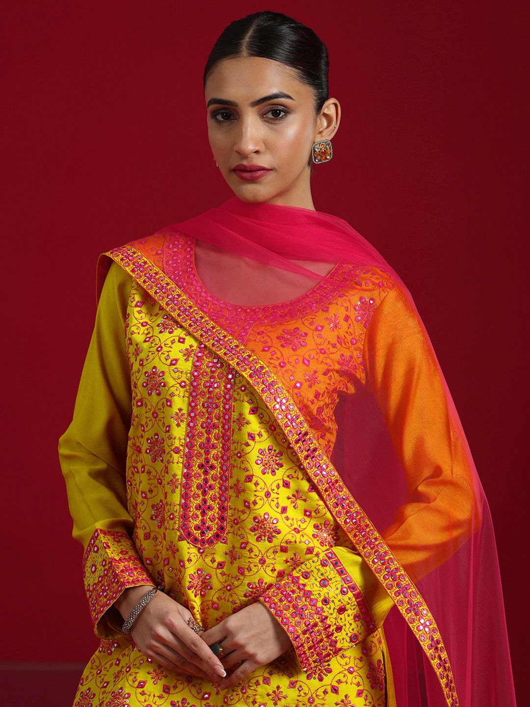 Dhiyona LL Floral Embroidered Mirror Work Straight Kurta With Palazzos & Dupatta