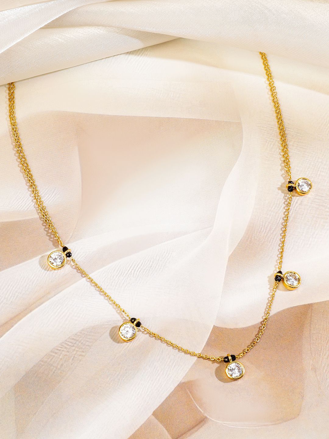 Dhiyona RJ Women's 18K Gold-Plated Cubic Zirconia Studded Minimal Mangalsutra with Black Beaded Chain