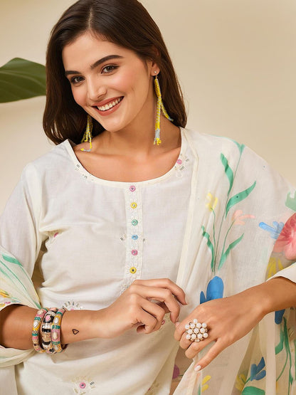 Dhiyona IS Women's Floral Embroidered Mirror Work Pure Cotton Kurta with Trousers & Dupatta
