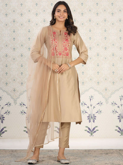Dhiyona OD  Floral Yoke Design Sequinned Kurta with Trousers & Dupatta