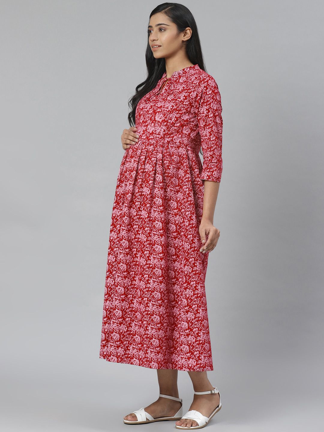 Dhiyona AY Women's Maroon & Pink Printed Pure Cotton Maternity A-Line Dress