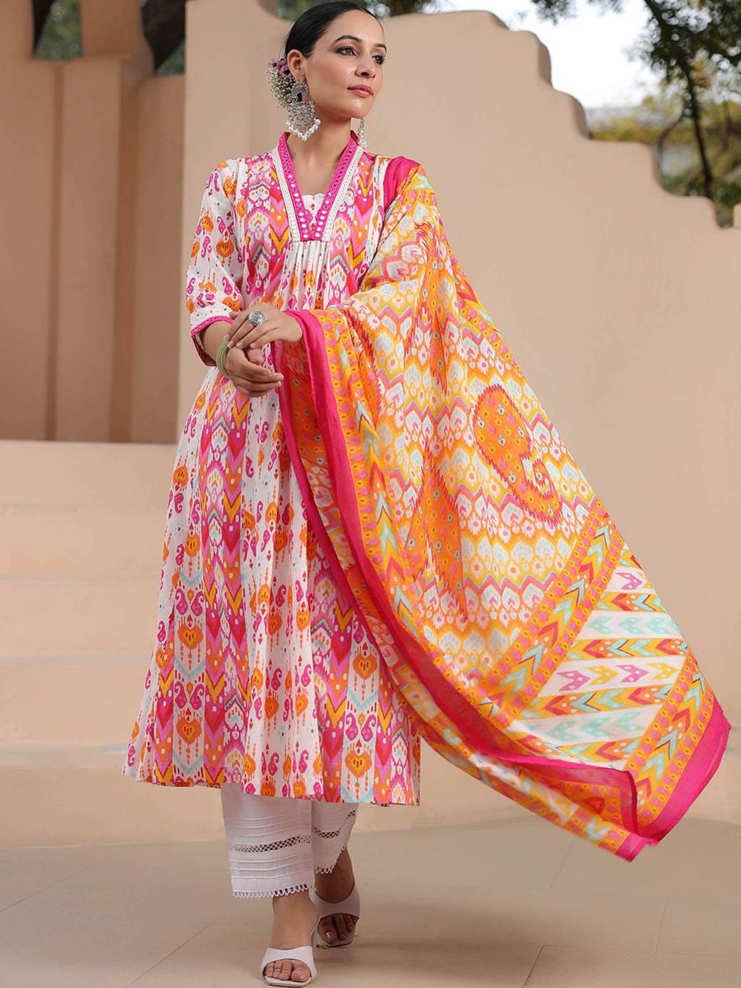 Dhiyona RR Women's Ethnic Motifs Printed Mirror Work Pure Cotton Kurta Trousers & Dupatta