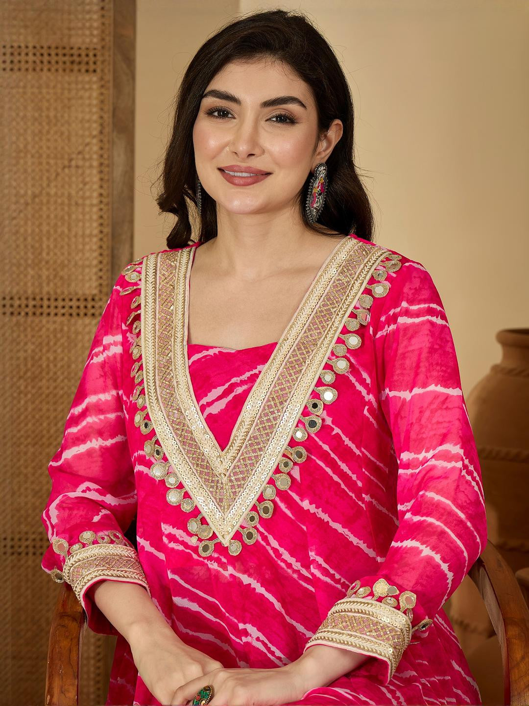 Women Leheriya Printed Regular Mirror Work Kurta with Trousers