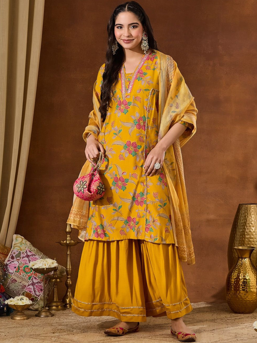 Floral Printed A-line Kurta Sharara with Dupatta
