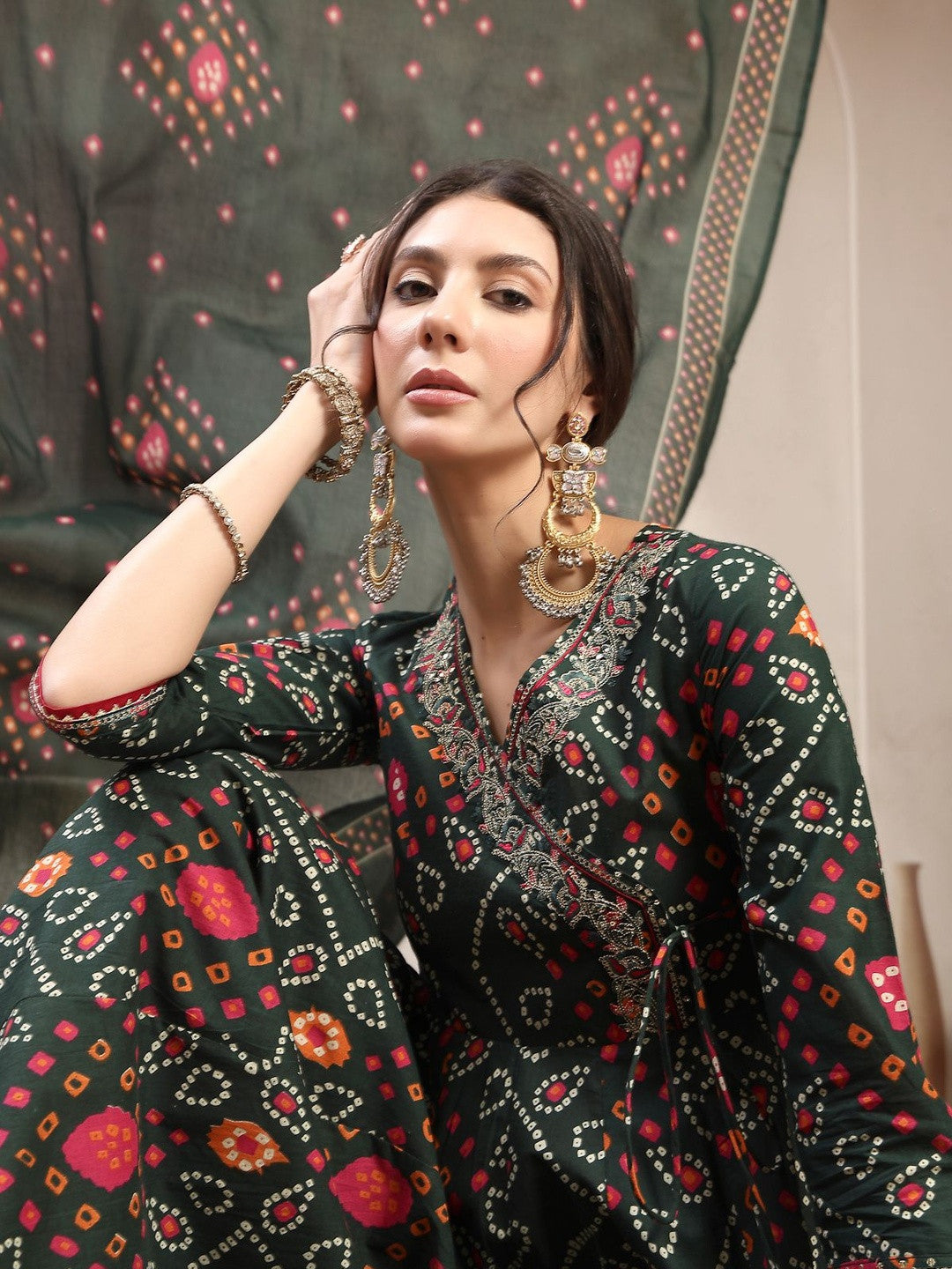 Printed Cotton V-Neck Kurta & Palazzos With Dupatta