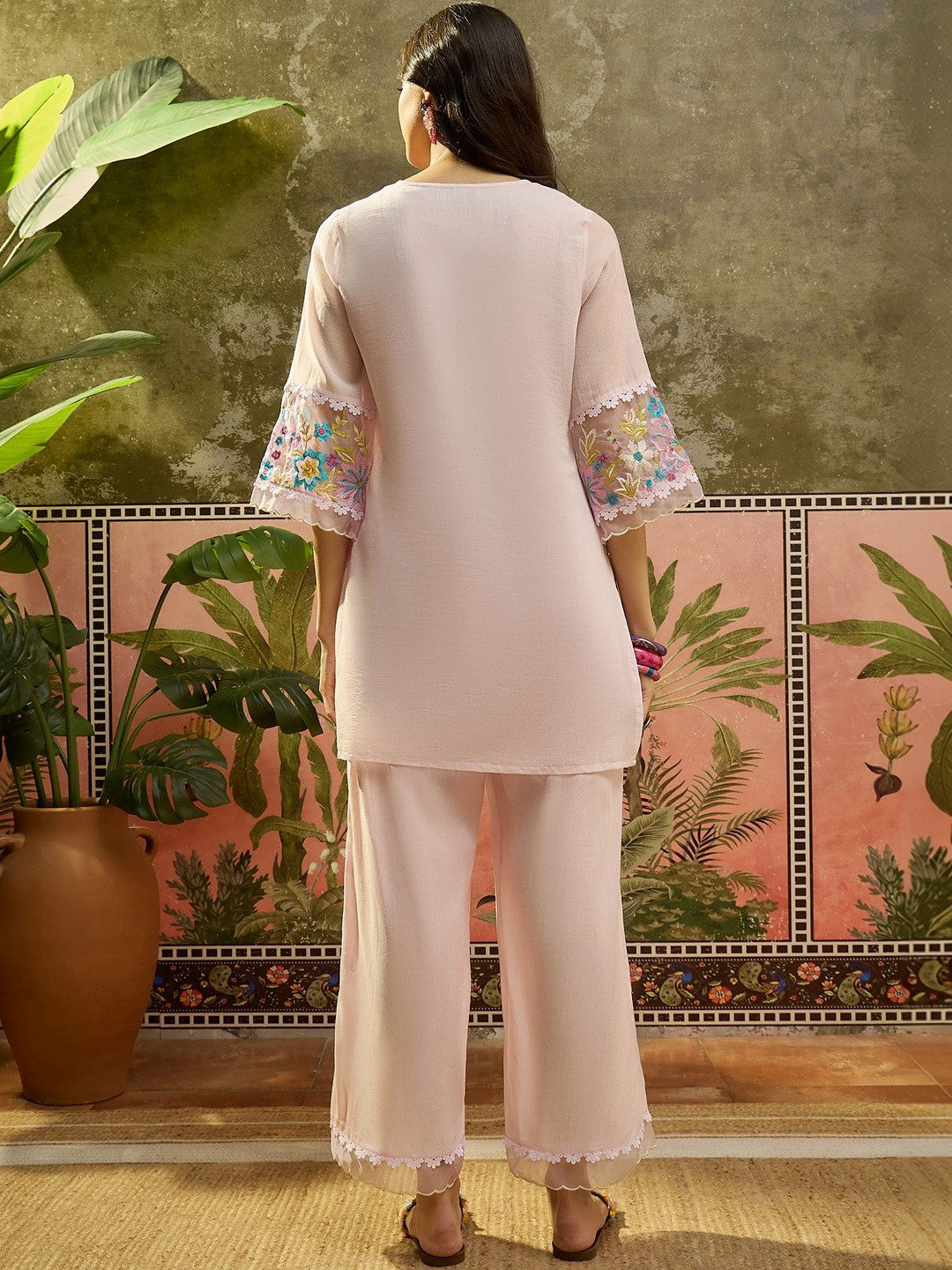 Embroidered Pure Cotton Round Neck Kurti & Trousers