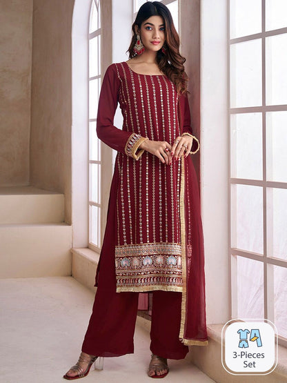 Dhiyona IN Floral Embroidered Thread Work Kurta With Palazzos & Dupatta