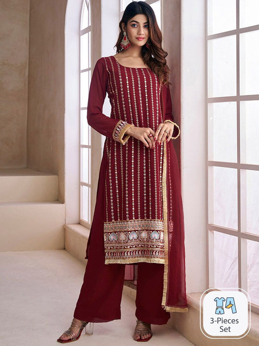 Dhiyona IN Floral Embroidered Thread Work Kurta With Palazzos & Dupatta