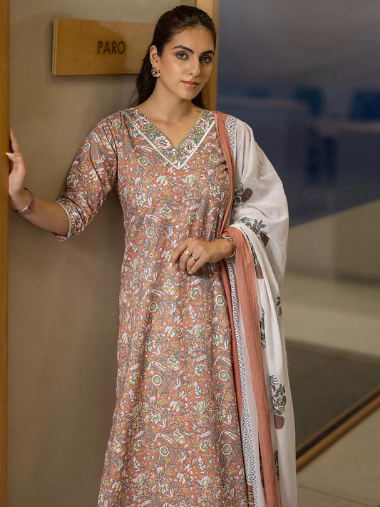 Floral Printed V-Neck Gotta Patti Straight Kurta With Palazzos And Dupatta