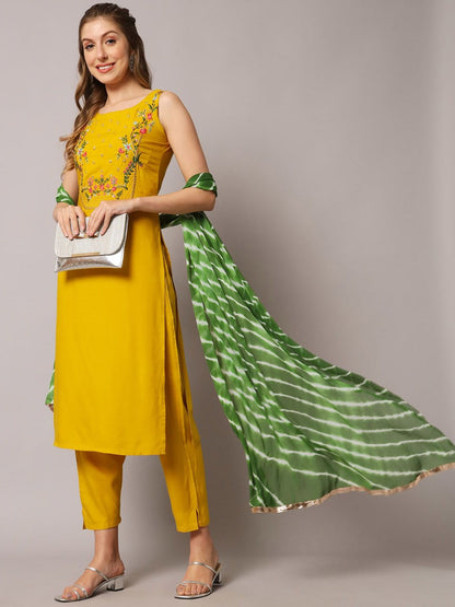 Dhiyona KL Floral Embroidered Mirror Work Straight Kurta with Trousers & Dupatta
