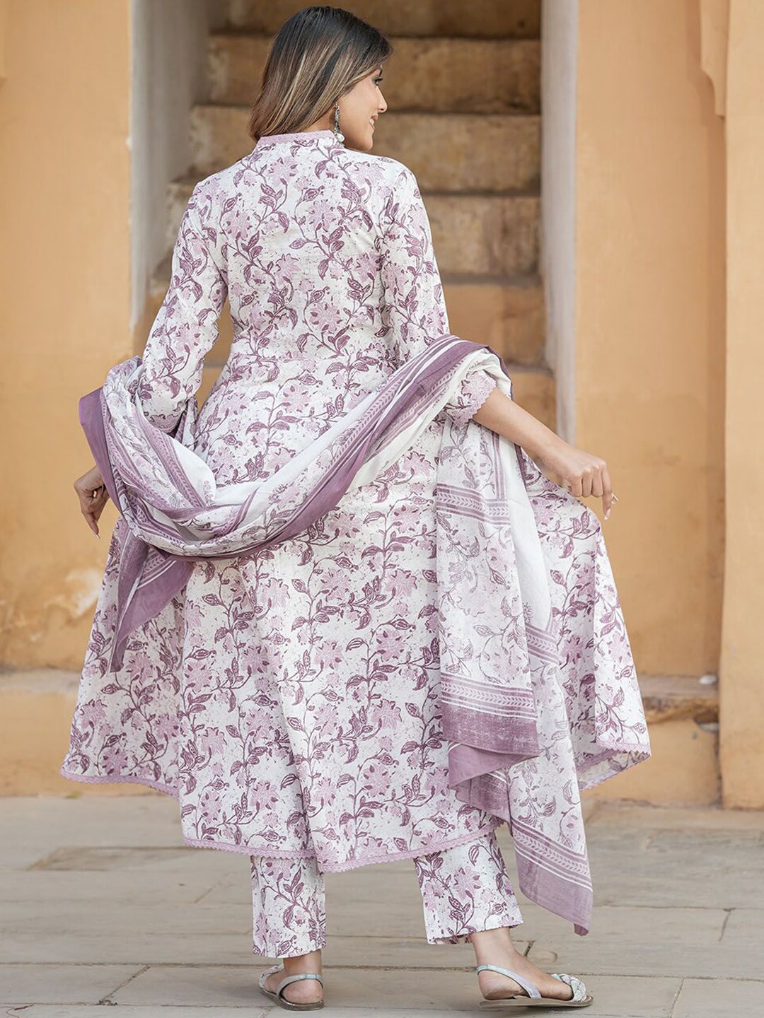 Dhiyona KL Floral Printed V-Neck Thread Work Anarkali Cotton Kurta with Trousers & Dupatta