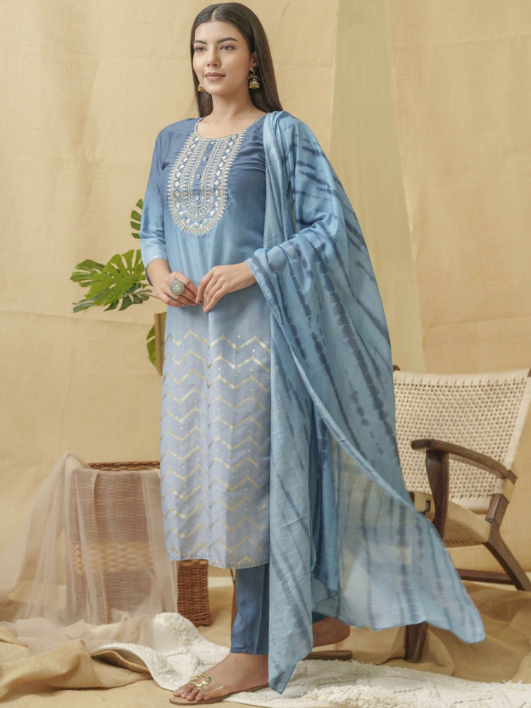 Dhiyona IS Women's Embroidered Round Neck Three-Quarter Sleeves Thread Work Linen Kurta Set
