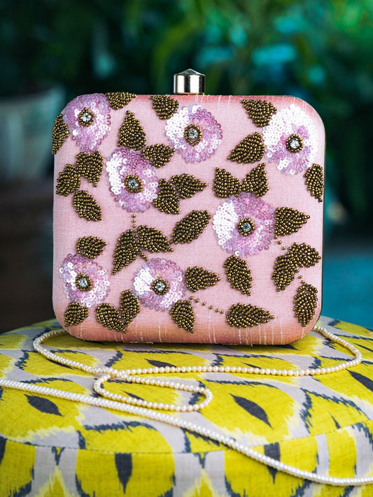 Dhiyona NR Rose & Gold-Toned Embroidered Box Clutch