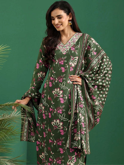 Women Floral Printed Regular Thread Work Kurta with Trousers & With Dupatta
