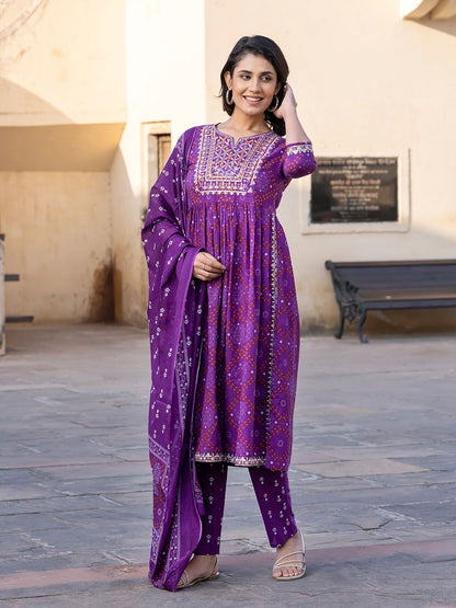 Dhiyona KL Women Bandhani Embroidered Regular Pure Cotton Kurta with Trousers & With Dupatta