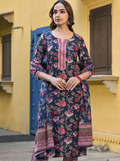 Dhiyona KL Floral Printed Regular Cotton Blend Kurta with Trousers With Dupatta