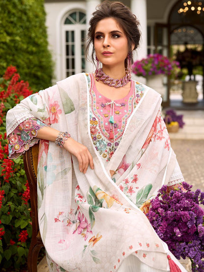 Women Floral Embroidered Thread Work Pure Cotton Kurta & Trousers With Dupatta