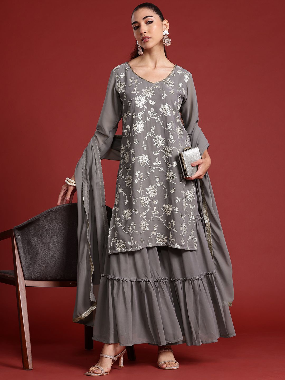 Dhiyona IE Floral Embroidered Sequinned Kurta With Sharara & Dupatta